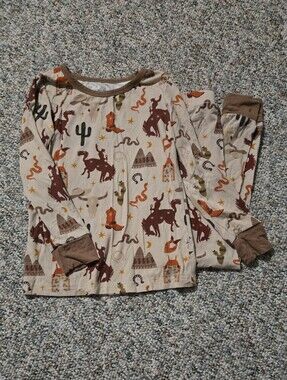 Kids Western Cowboy Print Pajama Set - Tan/Brown